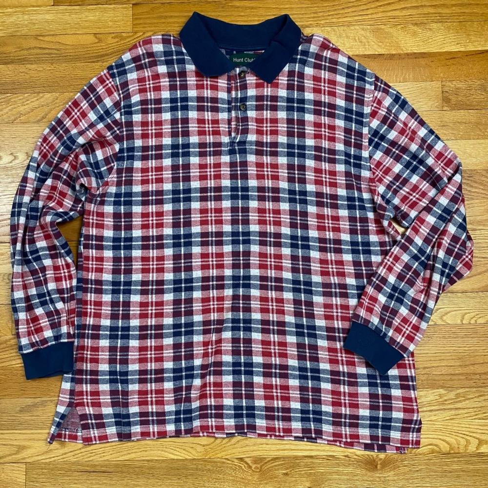 Vintage Hunt Club‎ Plaid Polo Shirt Mens XL Red Navy White Long Sleeve Preppy